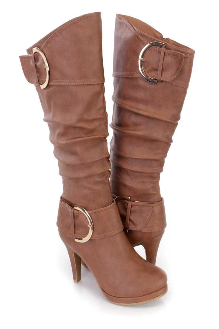 Tan Slouchy Buckled High Heel Boots Faux Leather