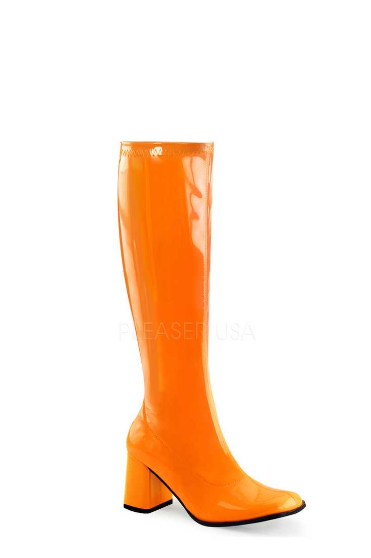 Neon Orange Chunky Heel GoGo Boots Patent Faux Leather
