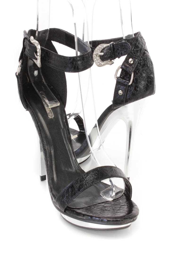 Black Rhinestone Buckle Ankle Strap Heels Faux Leather