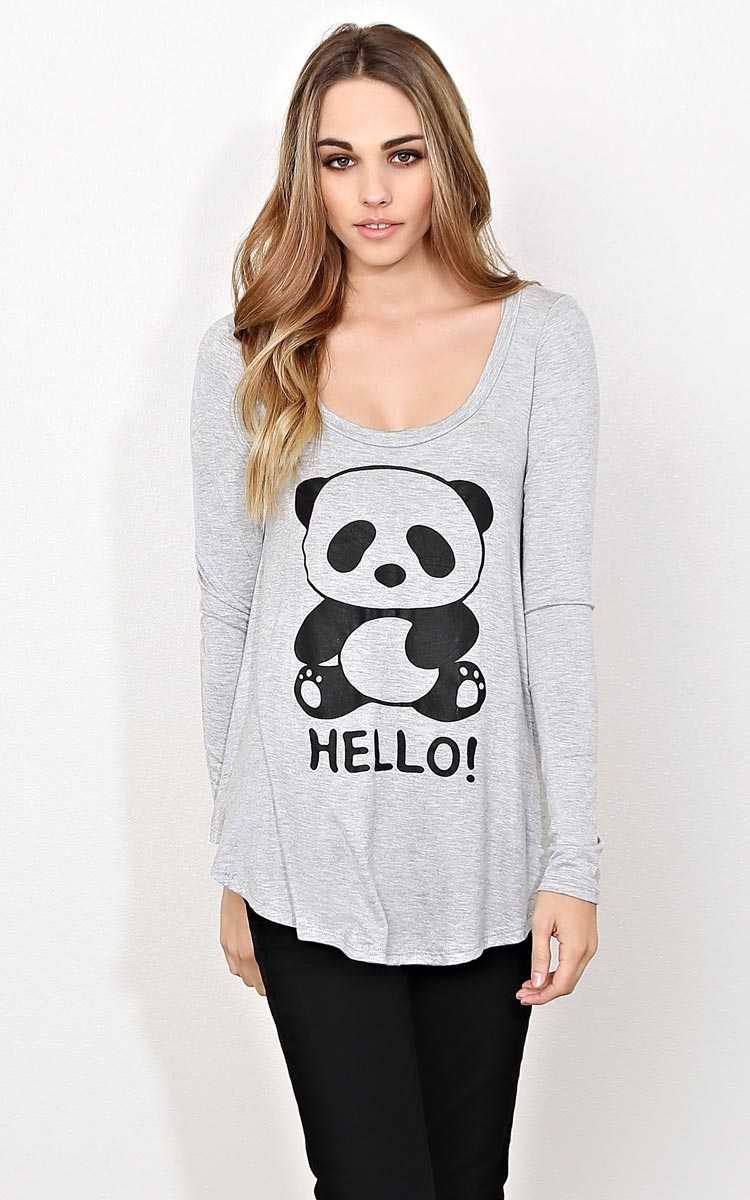 HELLO! Panda Long Sleeve Knit Top - - H Grey Combo in Size by Styles For Less
