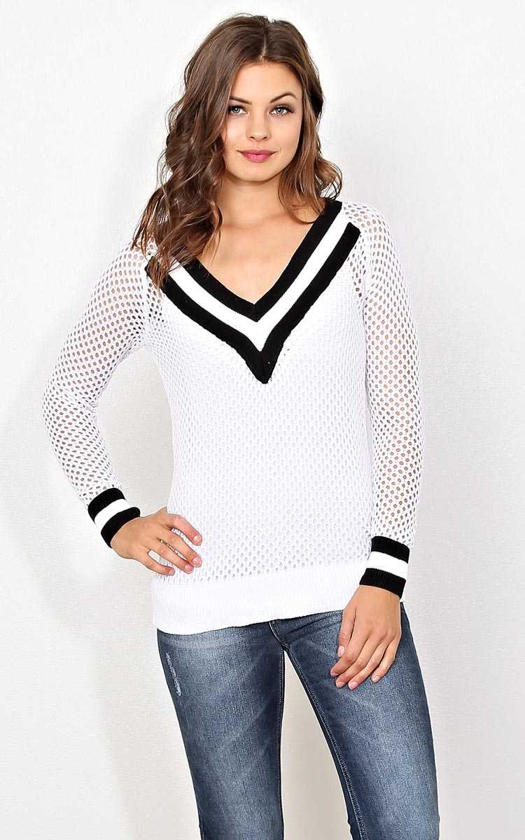 Varsity Open Knit Sweater - - White/Black in Size by Styles For Less