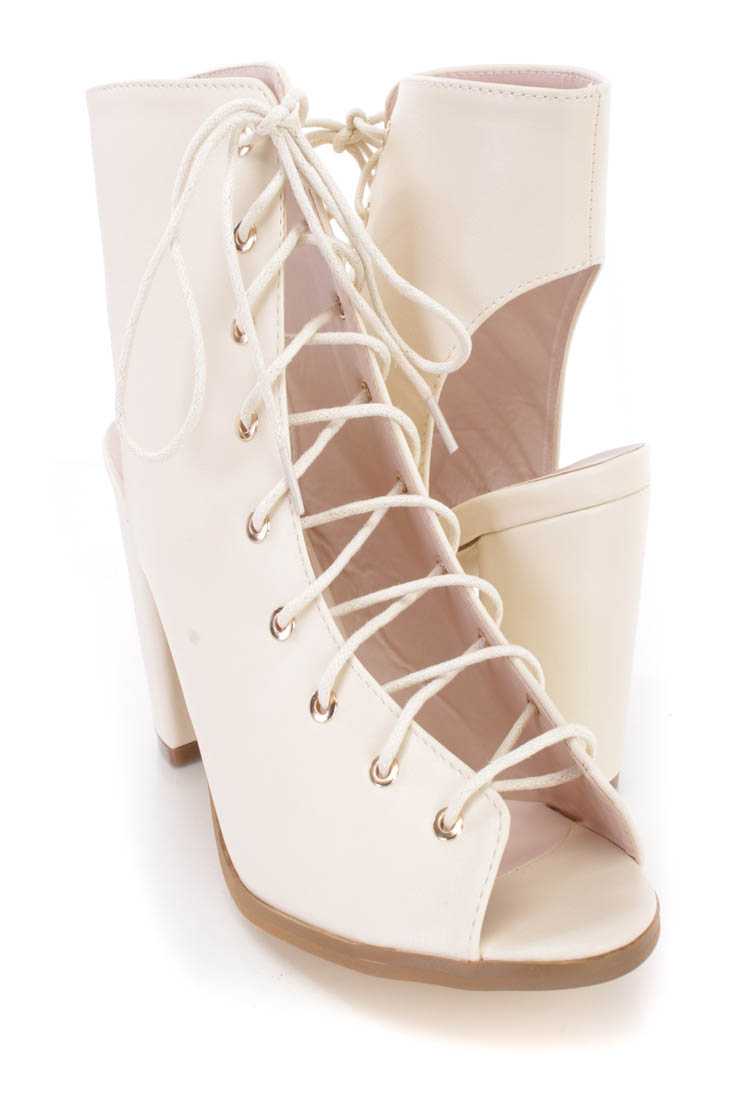 Beige Lace Up Single Sole Booties Faux Leather