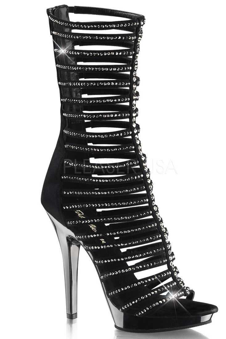 Black Pewter Rhinestone Strappy High Heels Faux Suede