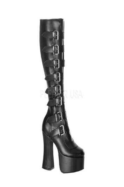 Black Goth Punk 8 Buckle Knee High Boots Faux Leather