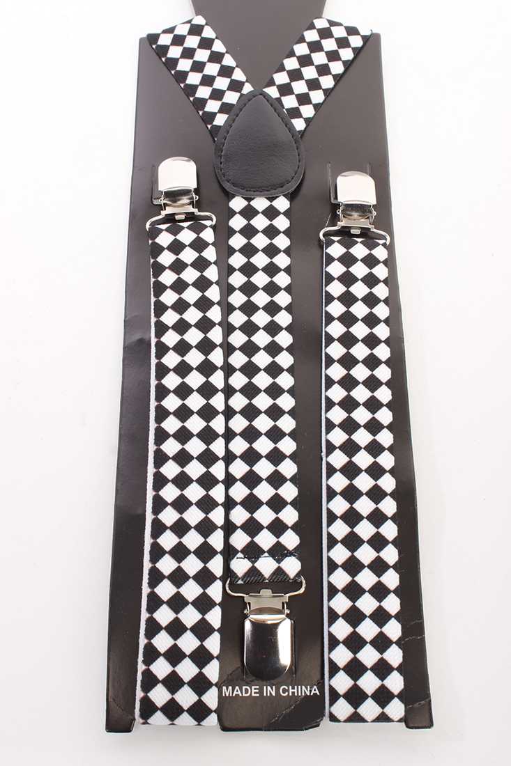 Black White Checker V Strap Back Elastic Band Suspenders