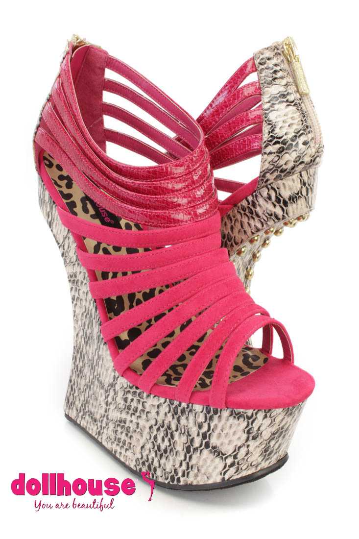 Fuchsia Strappy Snake Skin Platform Gravity Wedges Faux Suede