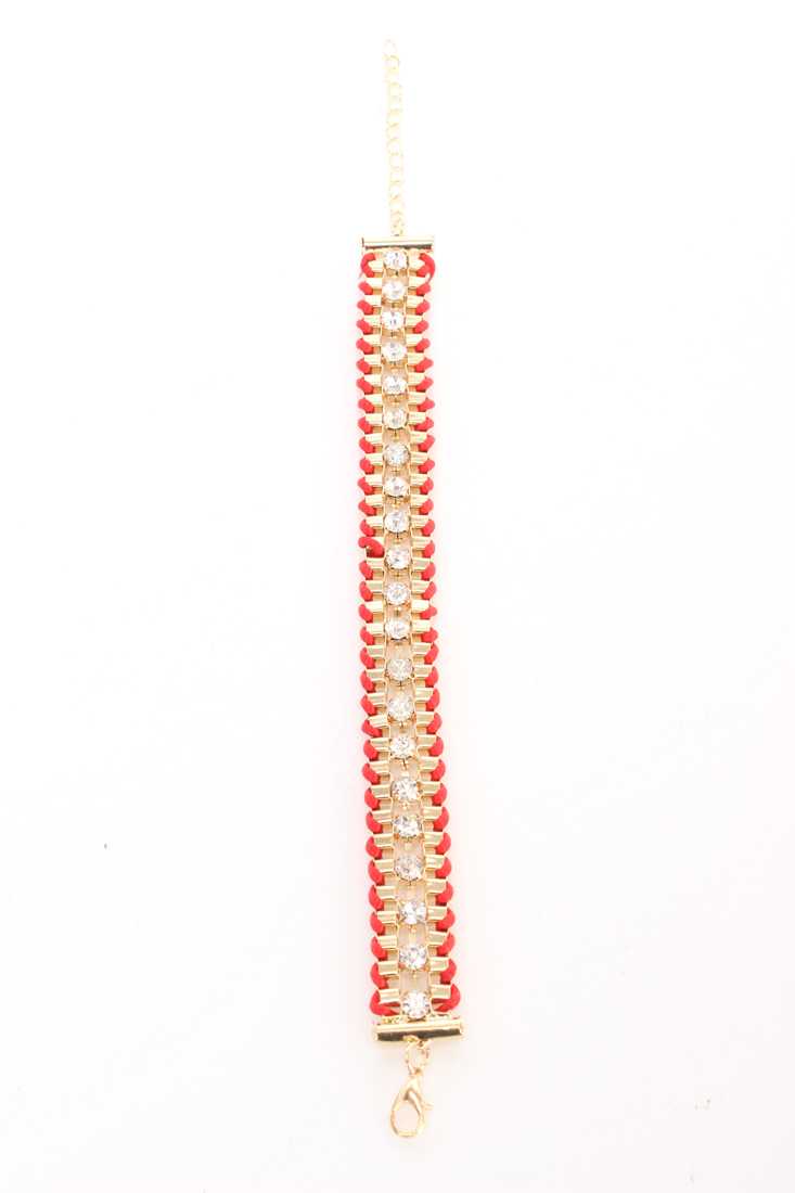 Red Linked Braided Rope Rhinestone High Polish Bracelet