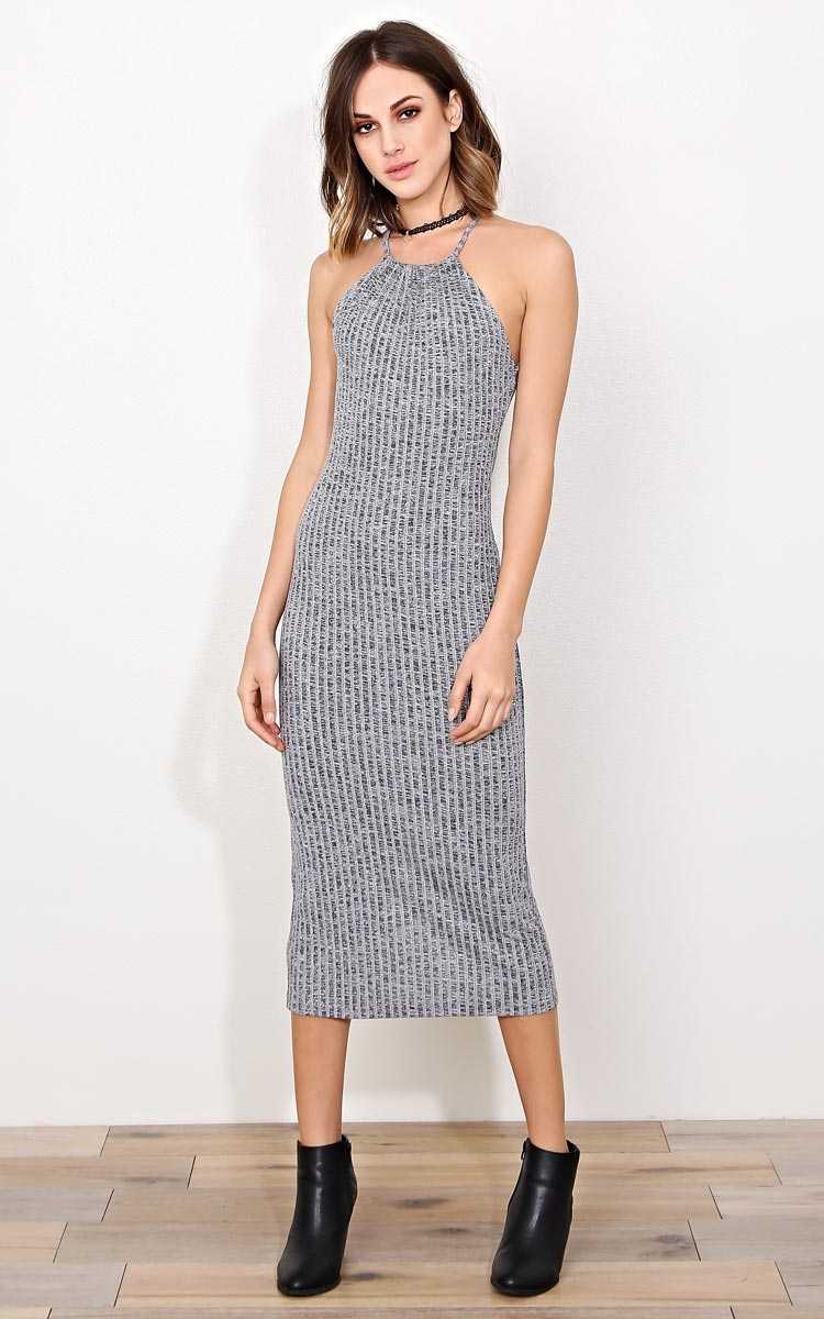 Take Down Cinched Rib Knit Dress - LGE - Charcoal in Size Large by Styles For Less