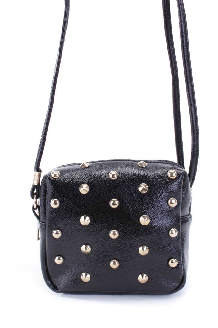 Black Faux Leather Mini Studded Handbag