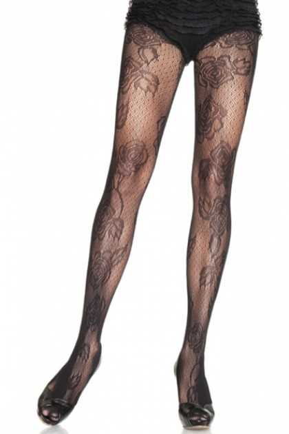Black Jacquard Rose Lace Net Pantyhose