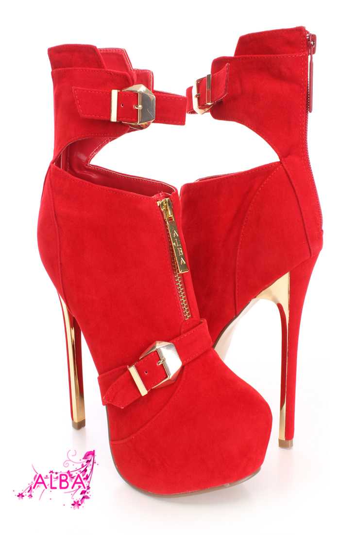 Red Strappy Platform Booties Faux Suede