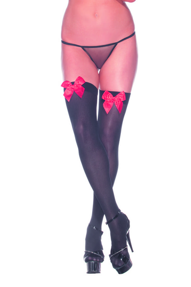 Black Sexy Red Satin Bow Opaque Thigh High Stockings