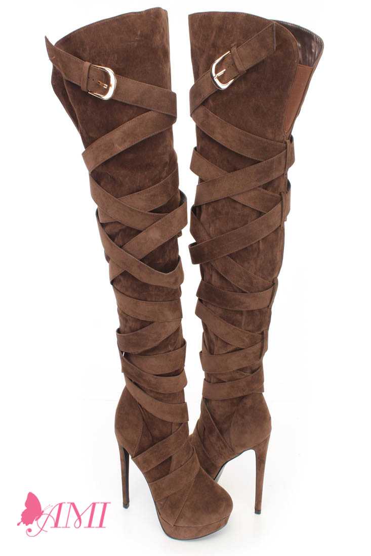 Brown Wrap Around Strappy Thigh High Heel Boots Faux Suede