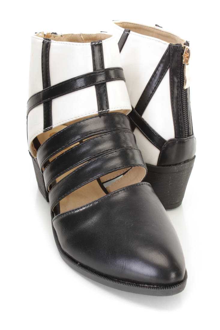 Black White Two Tone Strappy Flats Faux Leather