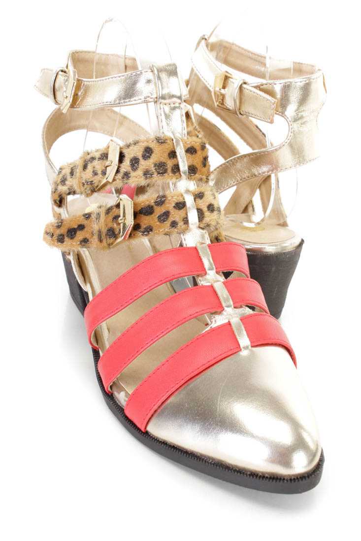 Gold Red Strappy Animal Buckle Flats Faux Leather
