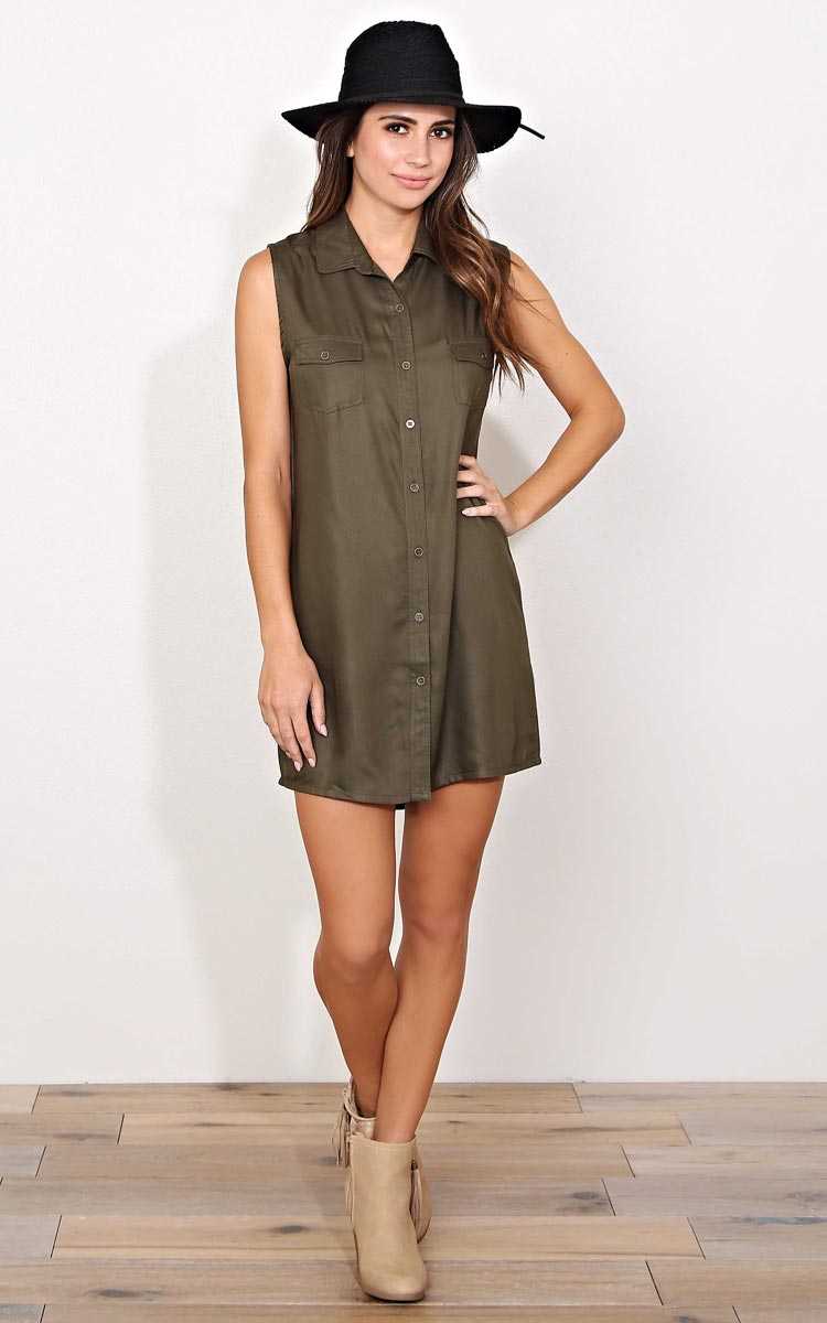 Lunch Date Woven Utility Dress - - Olive/Drab in Size by Styles For Less