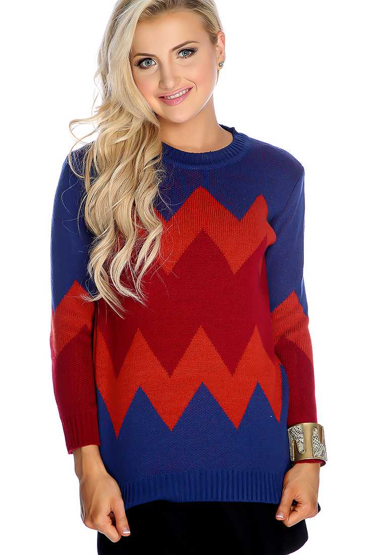 Royal Blue Red Long Sleeve Sweater