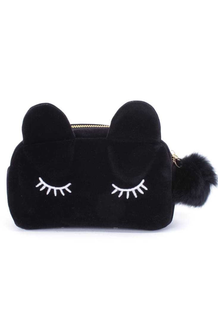 Black Velvet Embroidered Eyelash Ear Mini Clutch