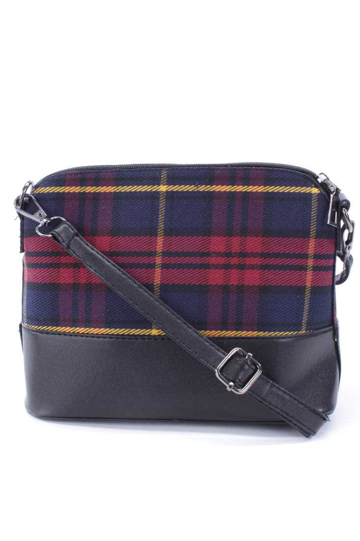 Red Black Plaid Canvas Faux Leather Accent Handbag