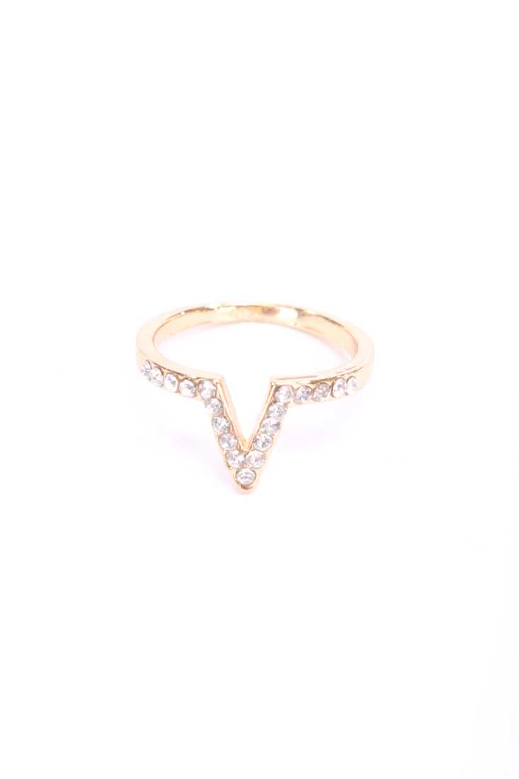 Gold V Design Rhinestone Accent Thin Band Ring