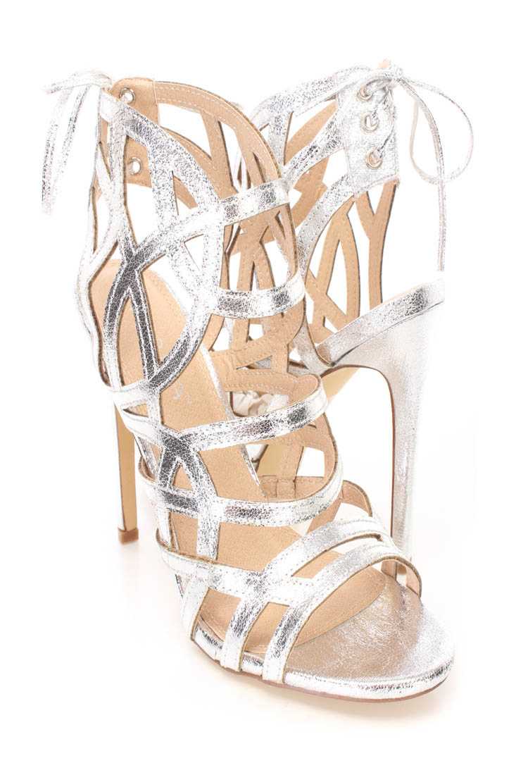 Silver Strappy Single Sole Heels Faux Leather