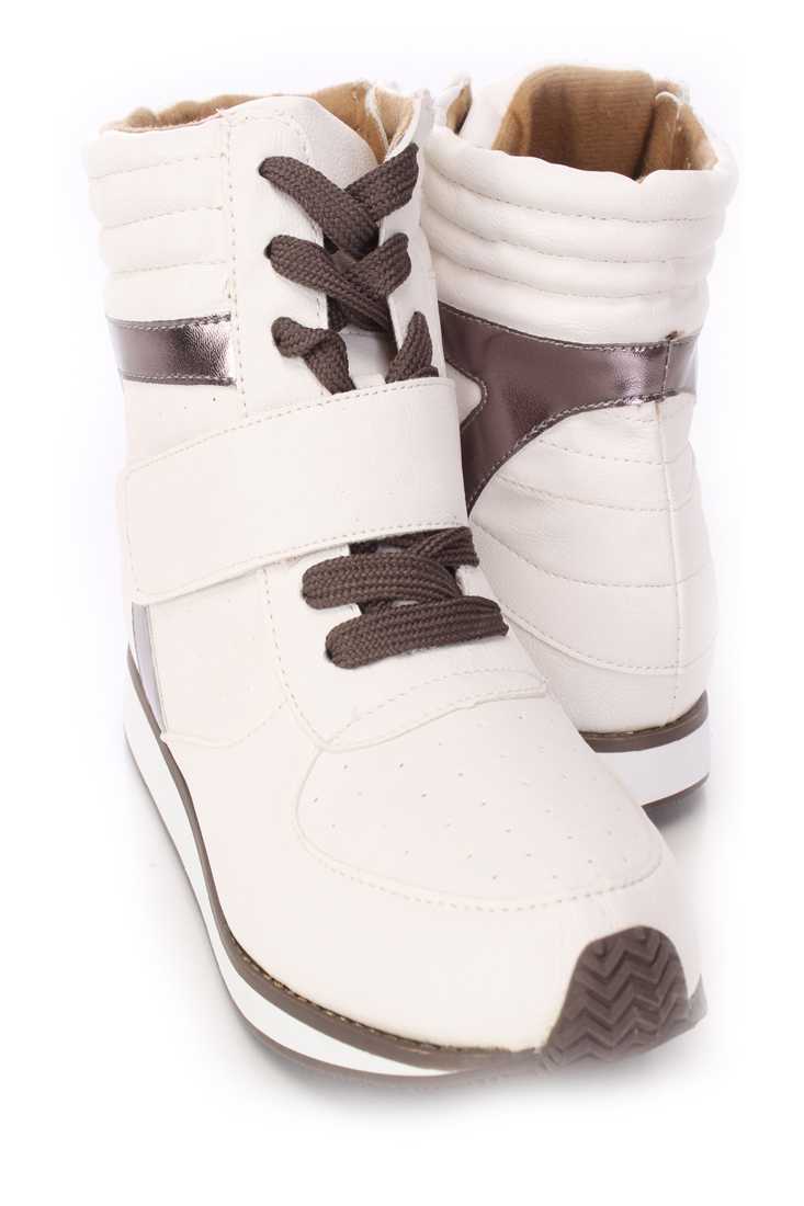 White Lace Up Mid Strap Sneakers Faux Leather