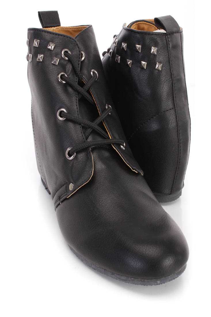 Black Studded Lace Up Ankle Wedge Booties Faux Leather