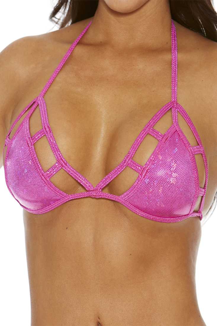 Pink One Piece Sparkle B Dazzle Hologram Strappy Triangle Top