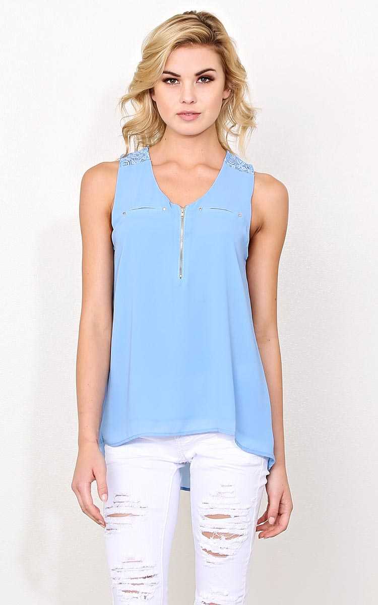 Kennedy Zip Front Woven Tank - SML - Lt Blue in Size Small by Styles For Less