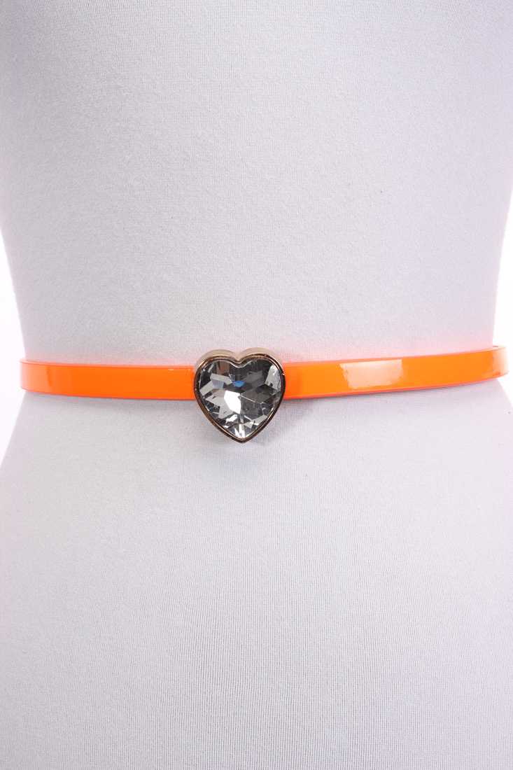 Neon Orange Patent Faux Leather Slender Rhinestone Heart Buckle Belt