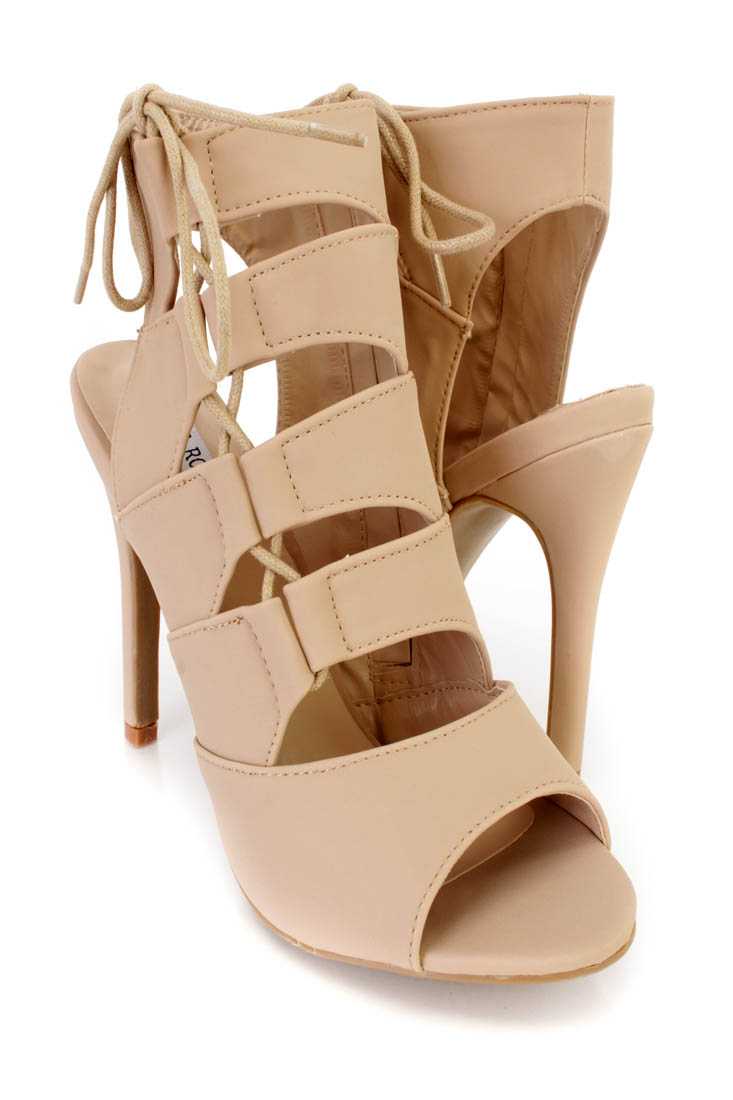 Nude Strappy Lace Up Single Sole Heel Booties Nubuck