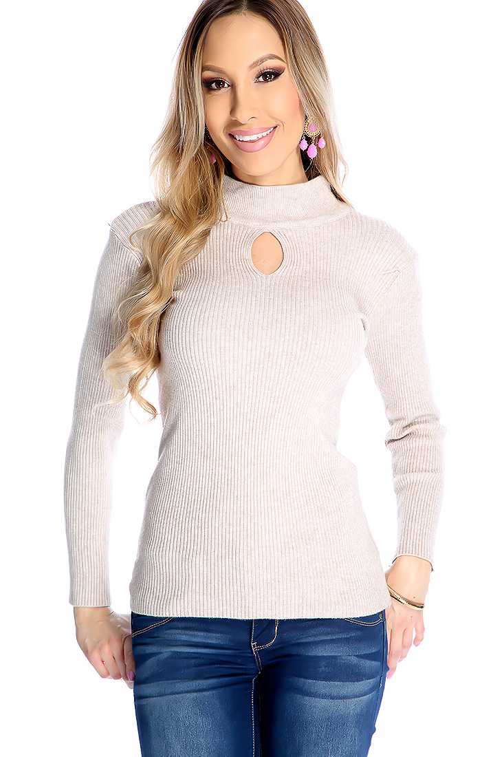 Mocha Ribbed Front Keyhole Long Sleeve Top