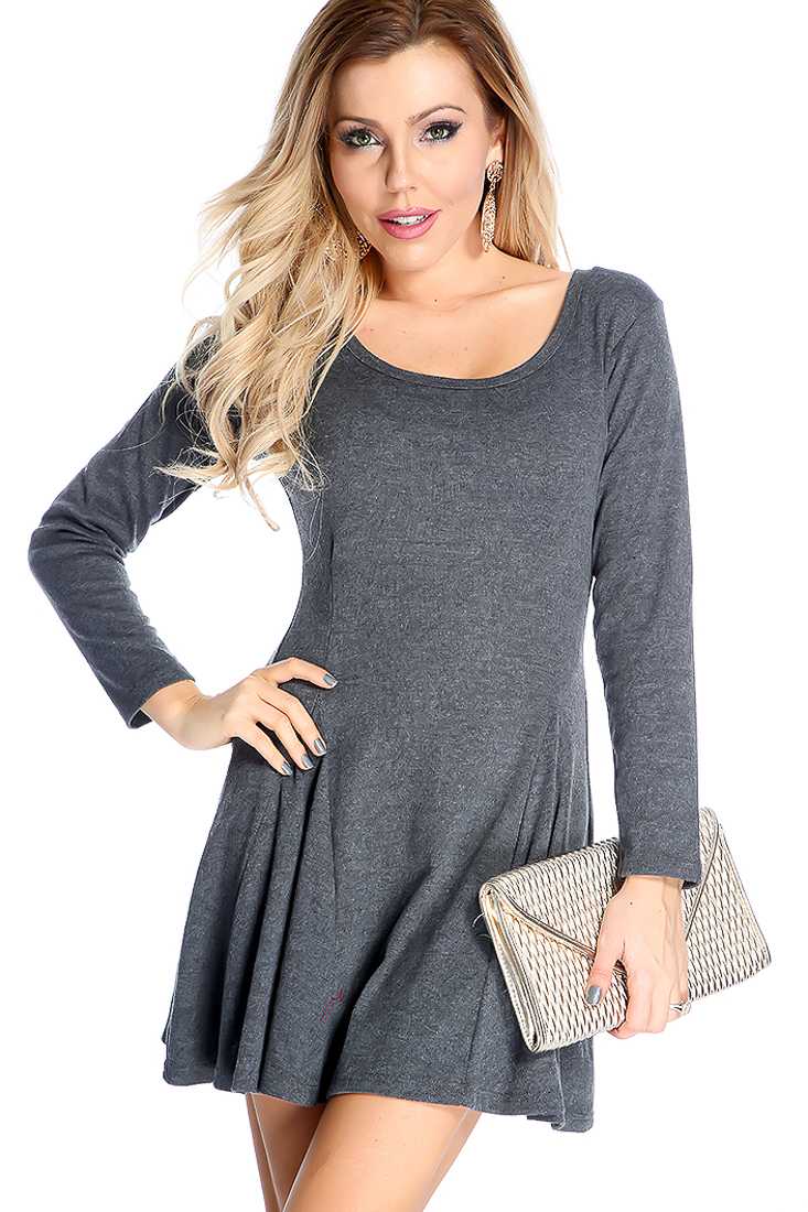 Charcoal Long Sleeve A-Line Causal Party Dress