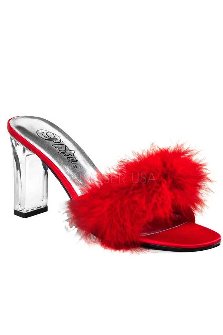 Red Slip On Square Heel Heel Satin Fur