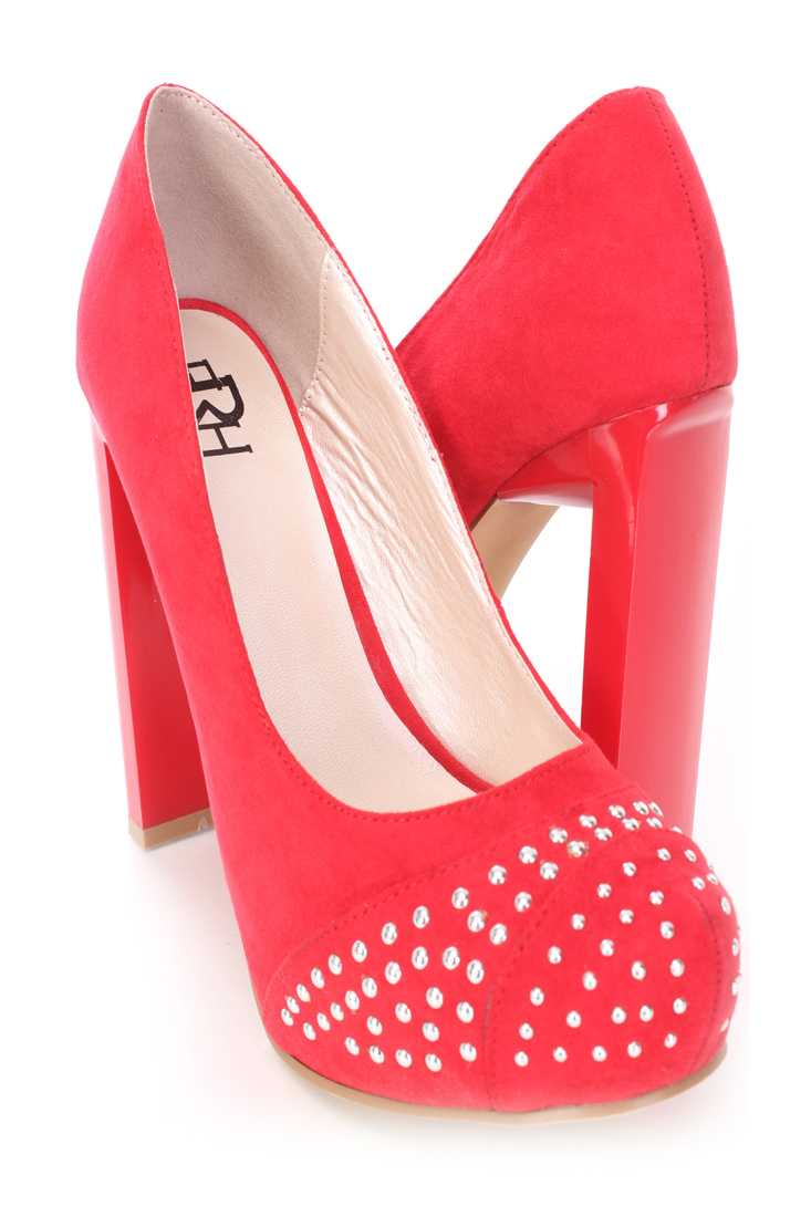Red Studded Pump Heels Faux Suede
