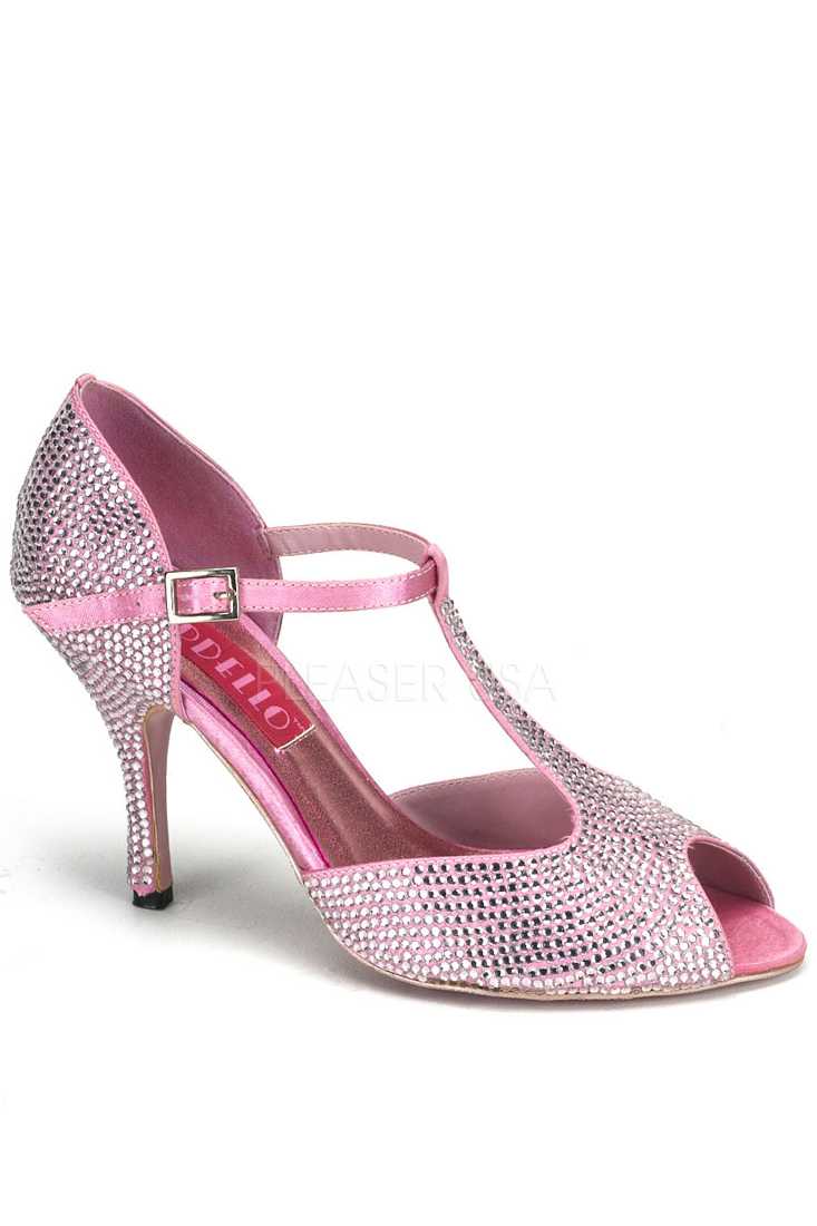 Baby Pink Rhinestone T Strap Peep Toe High Heels Satin