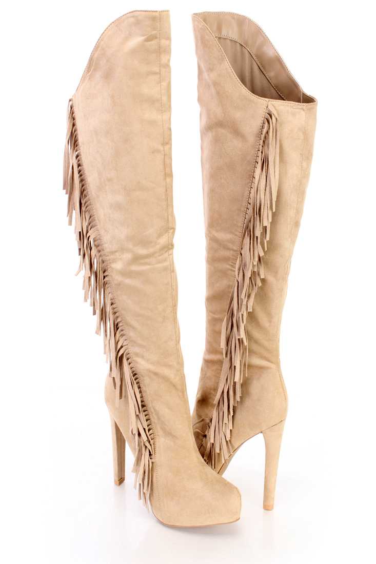 Taupe Fringe Knee High Heel Boots Faux Suede