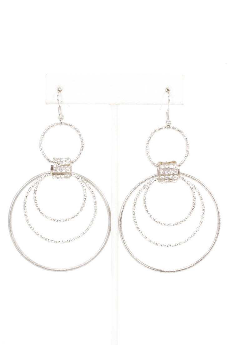 Silver Long Rhinestone Hoop Detailed Earrings