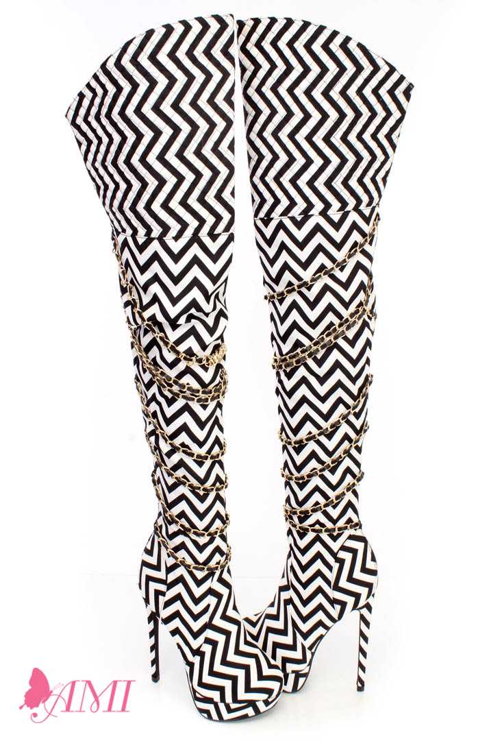Black White Chevron Chain Strappy Thigh High Heels Cute Boots Fabric