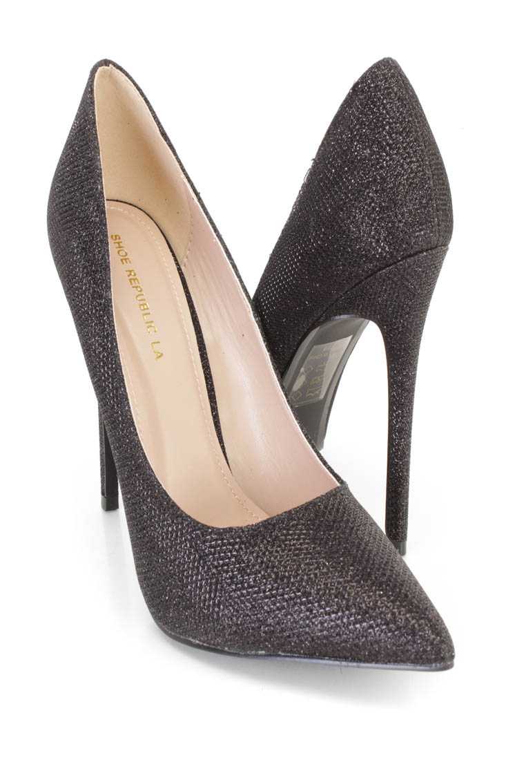 Black Pointy Toe Pump Heels Shimmer Fabric