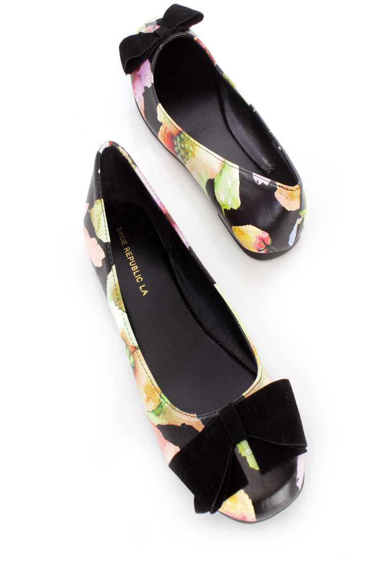 Black Watercolor Floral Print Flats Faux Leather
