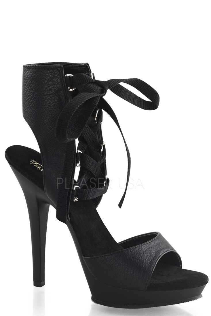 Black Lace Up Ankle Cuff High Heels Faux Leather