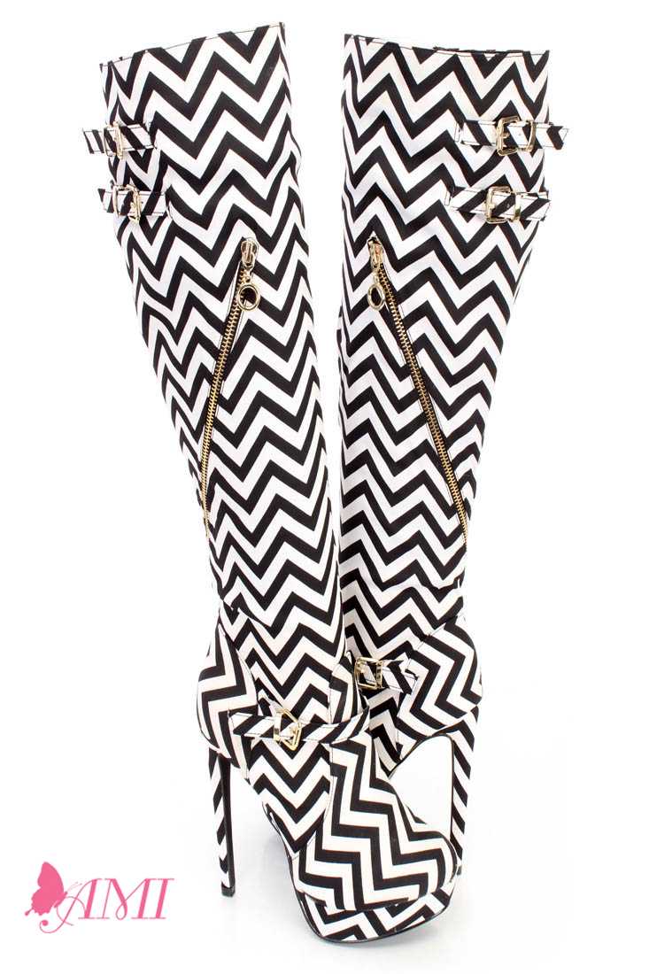 Black White Chevron Pattern High Heel Boots Canvas