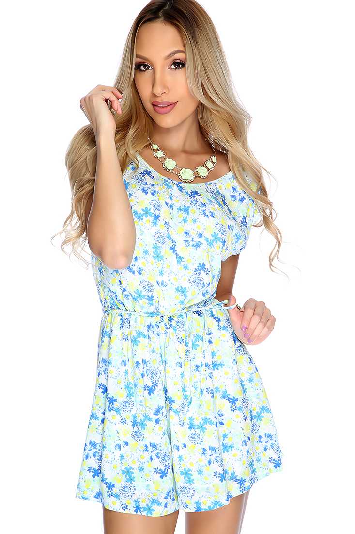 Sexy Blue Floral Print Cut Out Romper
