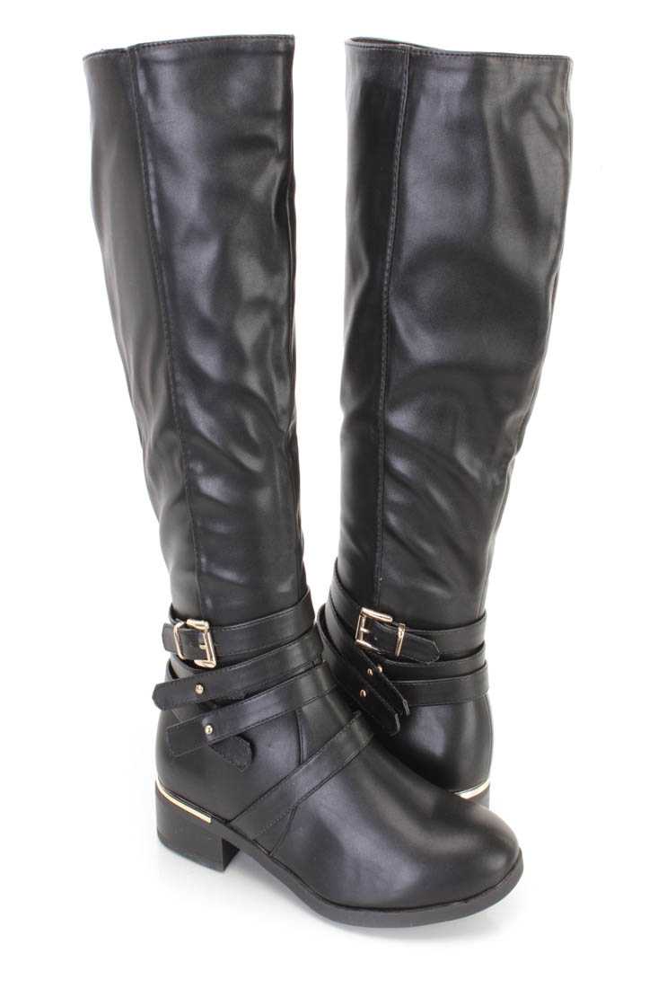 Black Strappy Ridding Boots Faux Leather