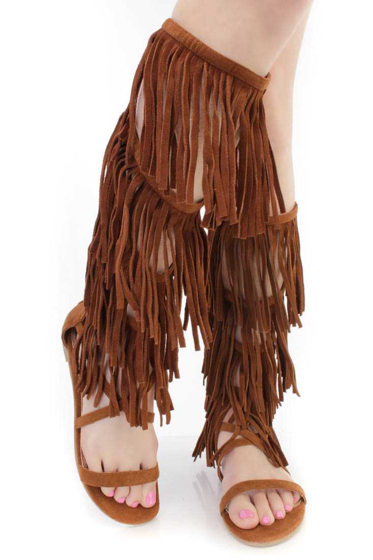 Tan Fringe Strappy Gladiator Sandals Faux Suede