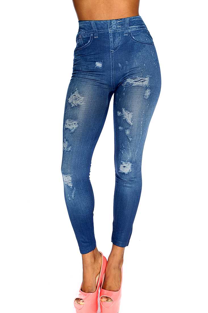 Sexy Yoga Pants Navy Ripped Print High Waist Jeggings