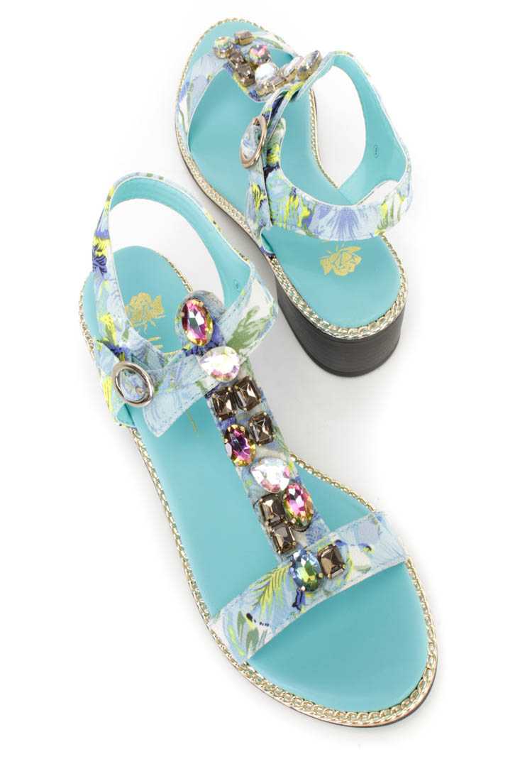 Aqua Watercolor Print Gemstone T Strap Sandals Canvas