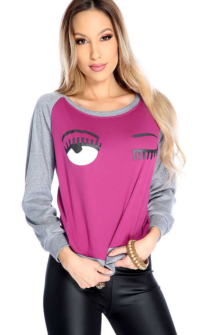 Magenta Grey Wink Print Long Sleeve Casual Top