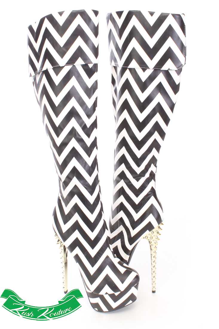 Chevron Cuffed Knee High Boots Faux Leather